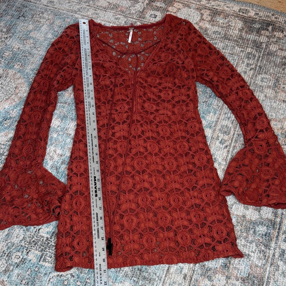 Free People Terracotta Lace Crotched Mini Dress Bell Sleeves Slim Fit -2 - Picture 10 of 14